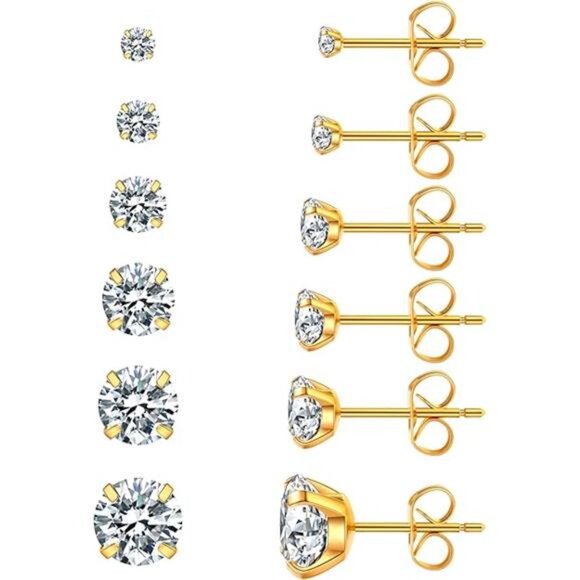 6 Pairs Stud Earrings Set, Hypoallergenic Cubic Zirconia 316L Earrings 316L - Picture 7 of 7